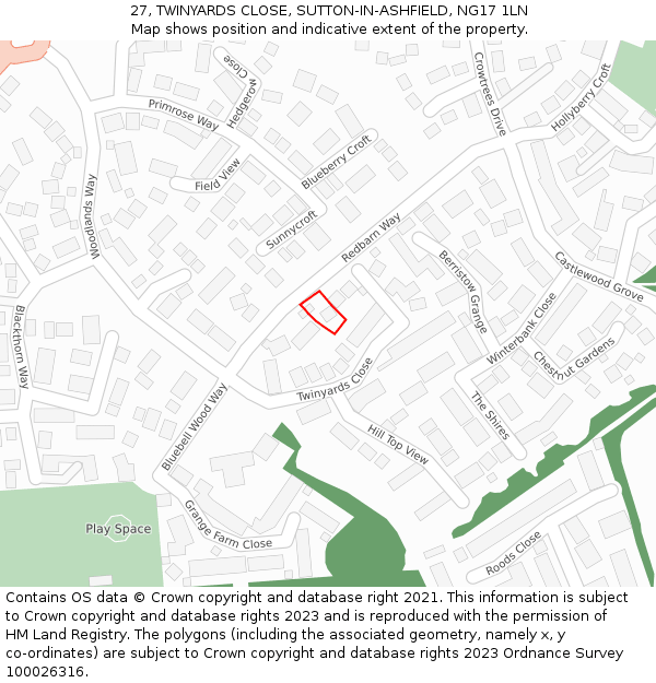 27, TWINYARDS CLOSE, SUTTON-IN-ASHFIELD, NG17 1LN: Location map and indicative extent of plot