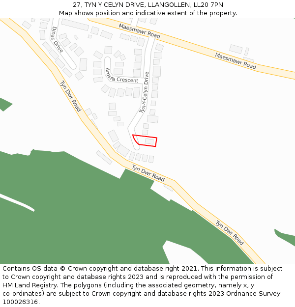 27, TYN Y CELYN DRIVE, LLANGOLLEN, LL20 7PN: Location map and indicative extent of plot
