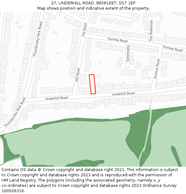 27, UNDERHILL ROAD, BENFLEET, SS7 1EP: Location map and indicative extent of plot