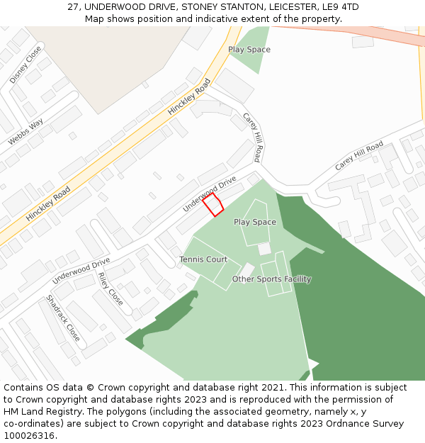 27, UNDERWOOD DRIVE, STONEY STANTON, LEICESTER, LE9 4TD: Location map and indicative extent of plot