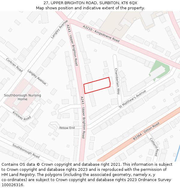 27, UPPER BRIGHTON ROAD, SURBITON, KT6 6QX: Location map and indicative extent of plot