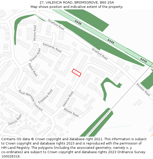 27, VALENCIA ROAD, BROMSGROVE, B60 2SA: Location map and indicative extent of plot