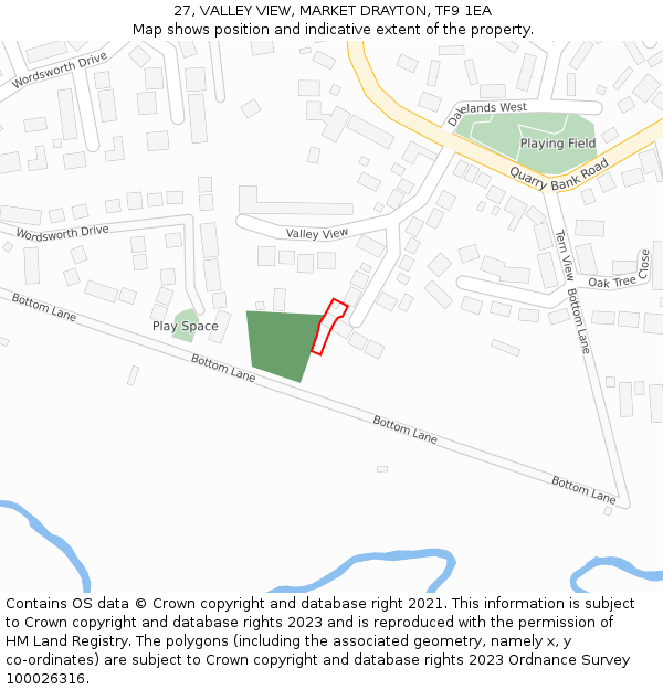 27, VALLEY VIEW, MARKET DRAYTON, TF9 1EA: Location map and indicative extent of plot