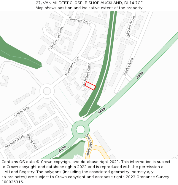 27, VAN MILDERT CLOSE, BISHOP AUCKLAND, DL14 7GF: Location map and indicative extent of plot