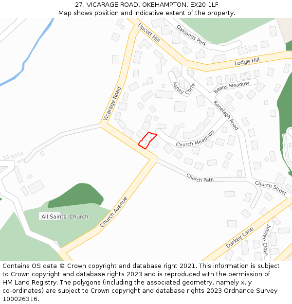 27, VICARAGE ROAD, OKEHAMPTON, EX20 1LF: Location map and indicative extent of plot