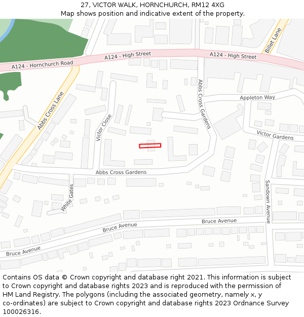 27, VICTOR WALK, HORNCHURCH, RM12 4XG: Location map and indicative extent of plot