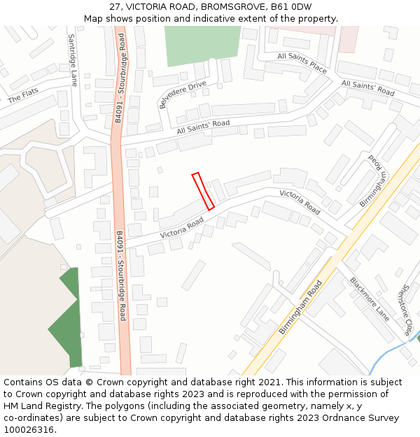 27, VICTORIA ROAD, BROMSGROVE, B61 0DW: Location map and indicative extent of plot