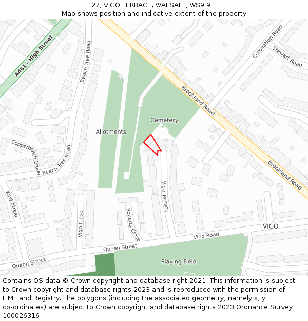 27, VIGO TERRACE, WALSALL, WS9 9LF: Location map and indicative extent of plot