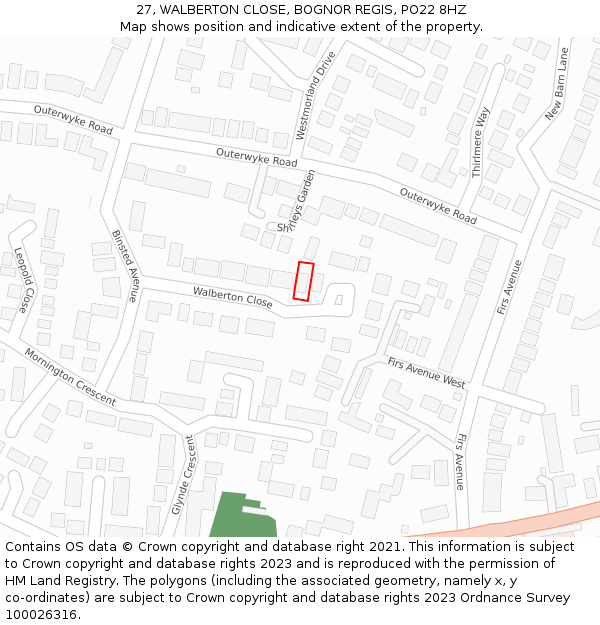 27, WALBERTON CLOSE, BOGNOR REGIS, PO22 8HZ: Location map and indicative extent of plot