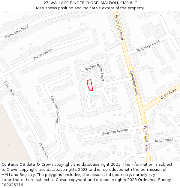 27, WALLACE BINDER CLOSE, MALDON, CM9 6LG: Location map and indicative extent of plot