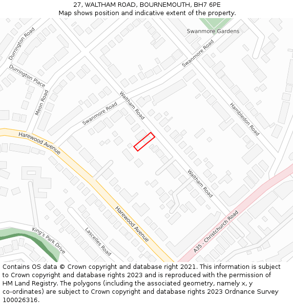 27, WALTHAM ROAD, BOURNEMOUTH, BH7 6PE: Location map and indicative extent of plot