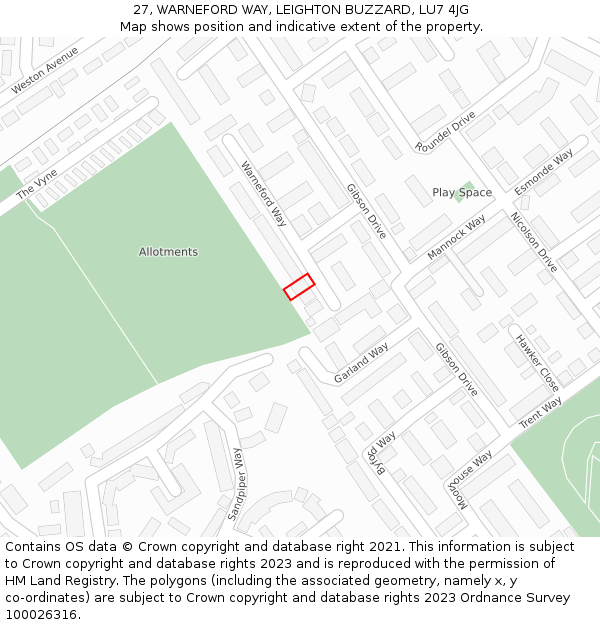 27, WARNEFORD WAY, LEIGHTON BUZZARD, LU7 4JG: Location map and indicative extent of plot