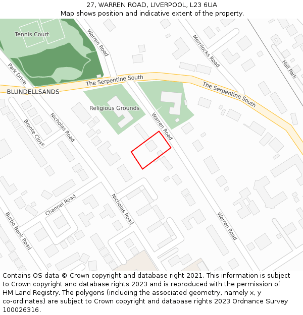 27, WARREN ROAD, LIVERPOOL, L23 6UA: Location map and indicative extent of plot