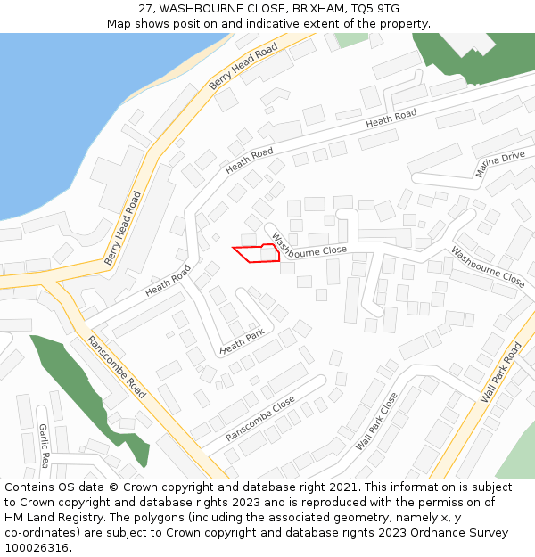 27, WASHBOURNE CLOSE, BRIXHAM, TQ5 9TG: Location map and indicative extent of plot