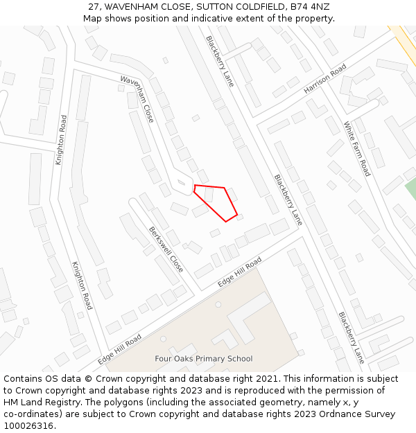 27, WAVENHAM CLOSE, SUTTON COLDFIELD, B74 4NZ: Location map and indicative extent of plot