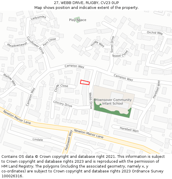 27, WEBB DRIVE, RUGBY, CV23 0UP: Location map and indicative extent of plot