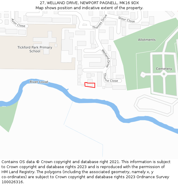 27, WELLAND DRIVE, NEWPORT PAGNELL, MK16 9DX: Location map and indicative extent of plot