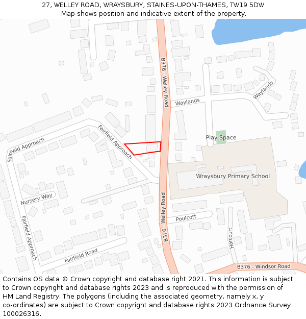 27, WELLEY ROAD, WRAYSBURY, STAINES-UPON-THAMES, TW19 5DW: Location map and indicative extent of plot