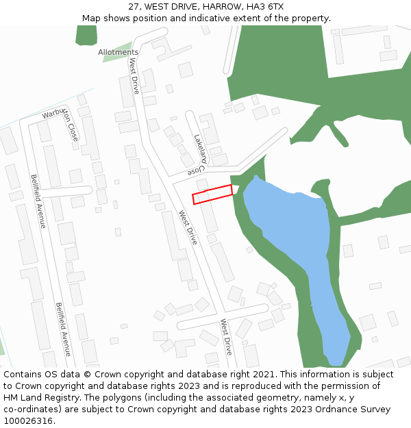 27, WEST DRIVE, HARROW, HA3 6TX: Location map and indicative extent of plot