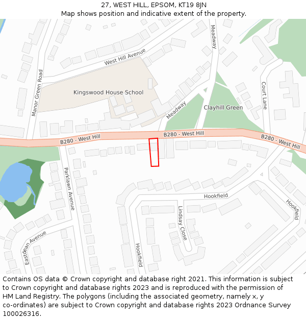 27, WEST HILL, EPSOM, KT19 8JN: Location map and indicative extent of plot