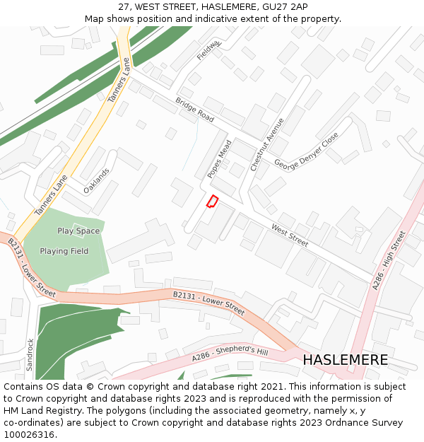 27, WEST STREET, HASLEMERE, GU27 2AP: Location map and indicative extent of plot