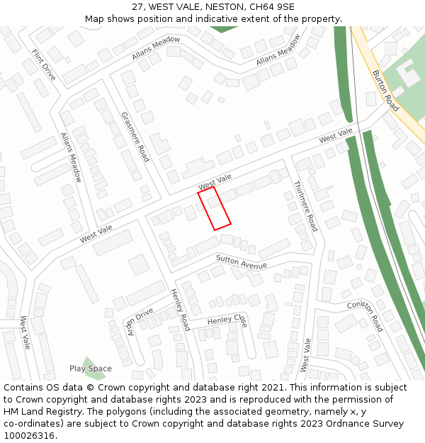 27, WEST VALE, NESTON, CH64 9SE: Location map and indicative extent of plot