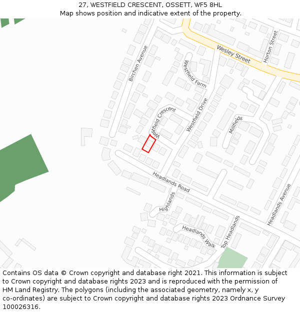 27, WESTFIELD CRESCENT, OSSETT, WF5 8HL: Location map and indicative extent of plot