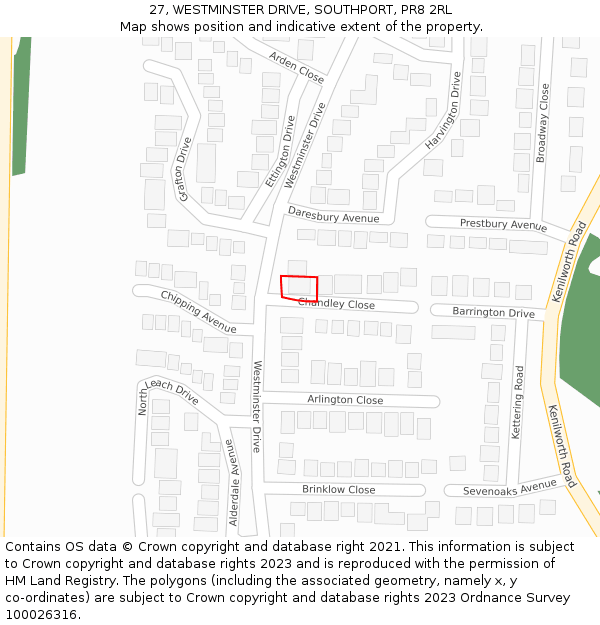 27, WESTMINSTER DRIVE, SOUTHPORT, PR8 2RL: Location map and indicative extent of plot