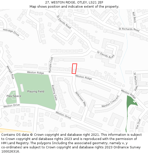 27, WESTON RIDGE, OTLEY, LS21 2EF: Location map and indicative extent of plot