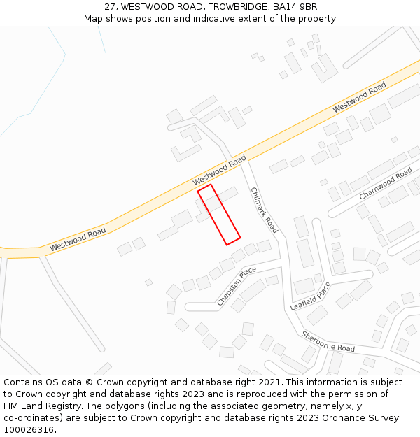 27, WESTWOOD ROAD, TROWBRIDGE, BA14 9BR: Location map and indicative extent of plot