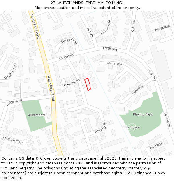 27, WHEATLANDS, FAREHAM, PO14 4SL: Location map and indicative extent of plot