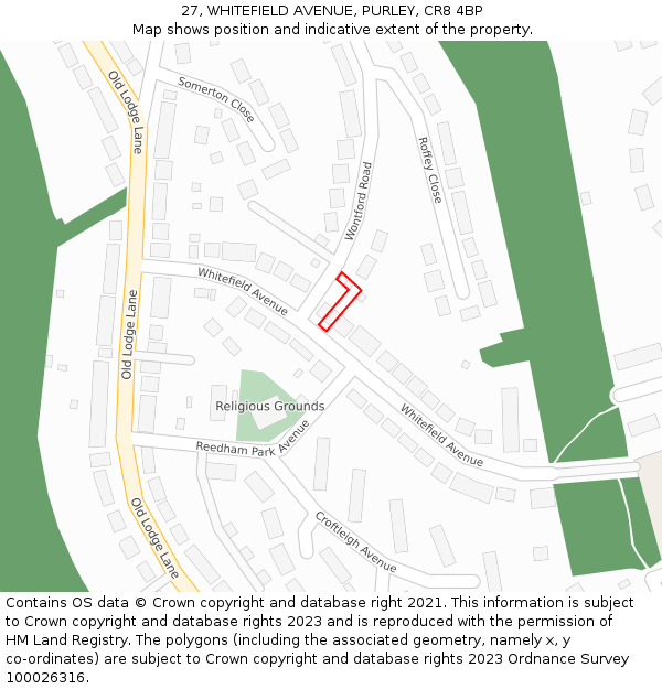 27, WHITEFIELD AVENUE, PURLEY, CR8 4BP: Location map and indicative extent of plot
