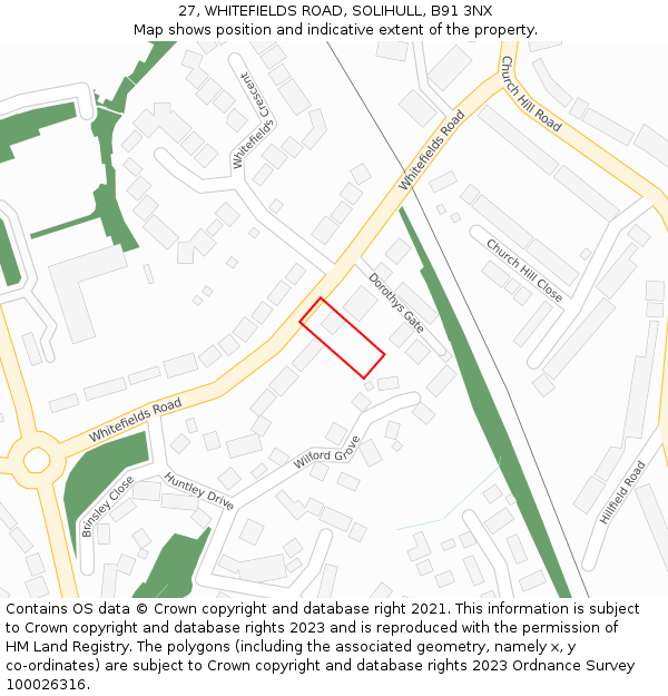 27, WHITEFIELDS ROAD, SOLIHULL, B91 3NX: Location map and indicative extent of plot