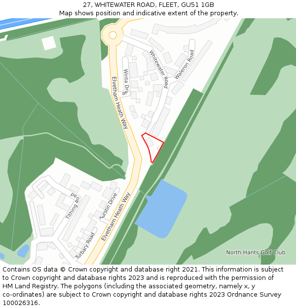 27, WHITEWATER ROAD, FLEET, GU51 1GB: Location map and indicative extent of plot