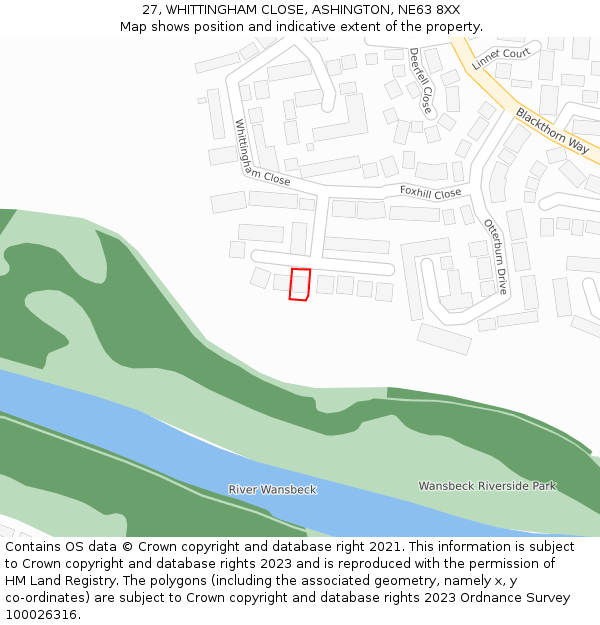 27, WHITTINGHAM CLOSE, ASHINGTON, NE63 8XX: Location map and indicative extent of plot
