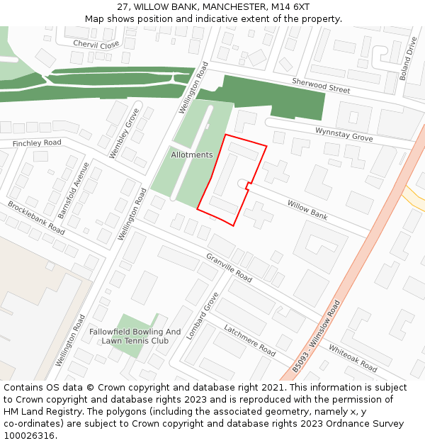 27, WILLOW BANK, MANCHESTER, M14 6XT: Location map and indicative extent of plot