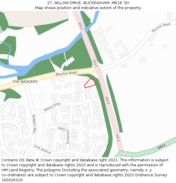 27, WILLOW DRIVE, BUCKINGHAM, MK18 7JH: Location map and indicative extent of plot