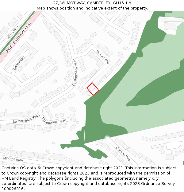 27, WILMOT WAY, CAMBERLEY, GU15 1JA: Location map and indicative extent of plot