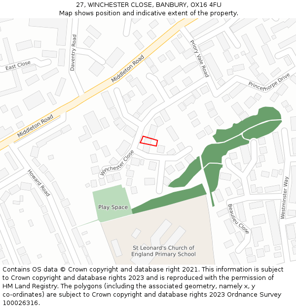 27, WINCHESTER CLOSE, BANBURY, OX16 4FU: Location map and indicative extent of plot