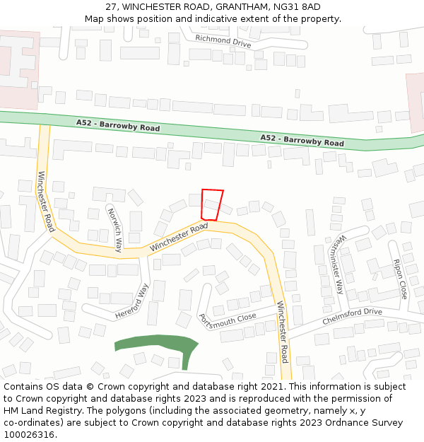 27, WINCHESTER ROAD, GRANTHAM, NG31 8AD: Location map and indicative extent of plot