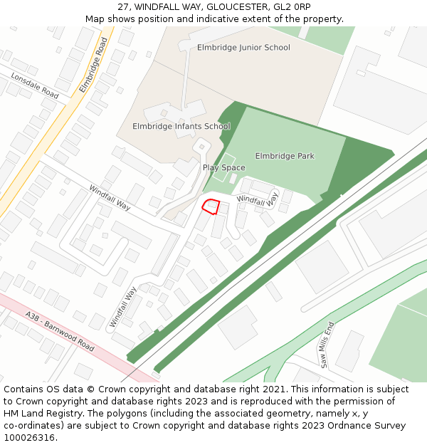 27, WINDFALL WAY, GLOUCESTER, GL2 0RP: Location map and indicative extent of plot