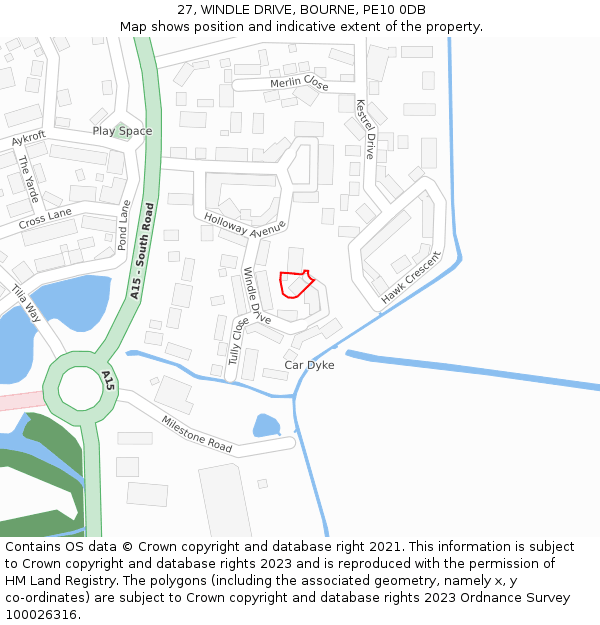 27, WINDLE DRIVE, BOURNE, PE10 0DB: Location map and indicative extent of plot