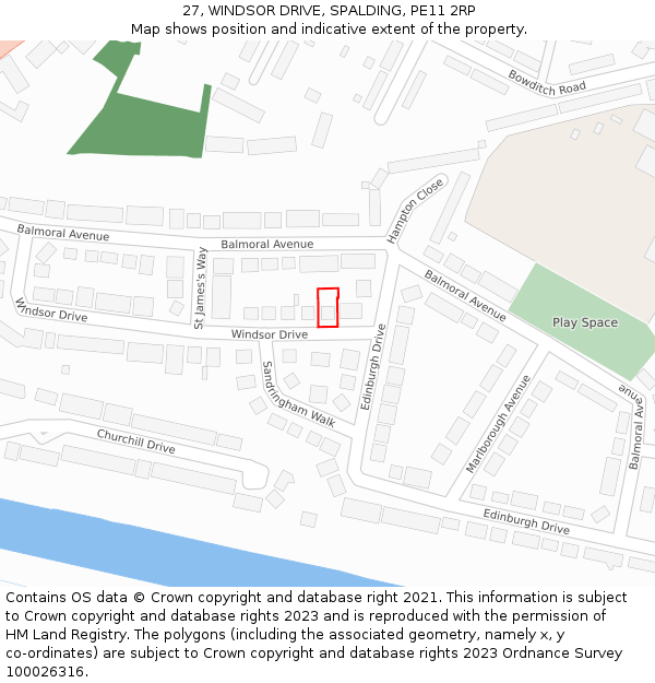 27, WINDSOR DRIVE, SPALDING, PE11 2RP: Location map and indicative extent of plot