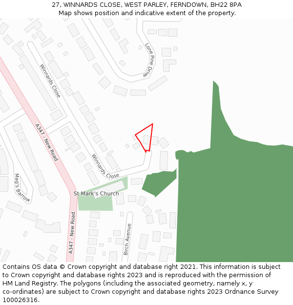 27, WINNARDS CLOSE, WEST PARLEY, FERNDOWN, BH22 8PA: Location map and indicative extent of plot