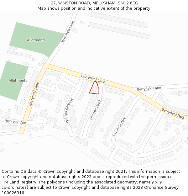27, WINSTON ROAD, MELKSHAM, SN12 6EG: Location map and indicative extent of plot