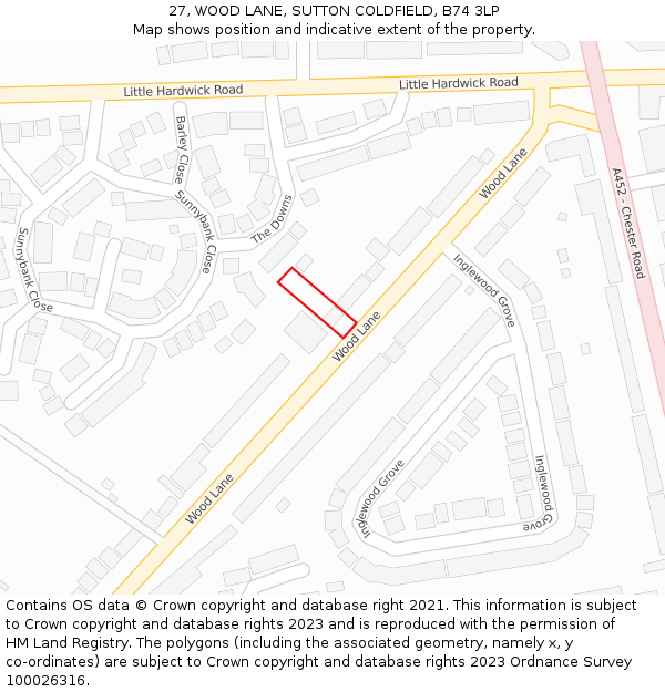 27, WOOD LANE, SUTTON COLDFIELD, B74 3LP: Location map and indicative extent of plot