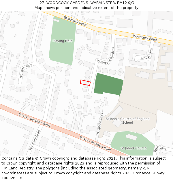 27, WOODCOCK GARDENS, WARMINSTER, BA12 9JG: Location map and indicative extent of plot