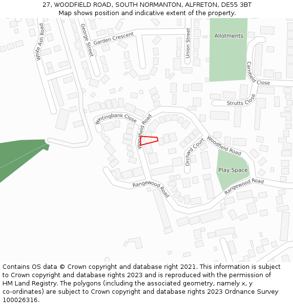 27, WOODFIELD ROAD, SOUTH NORMANTON, ALFRETON, DE55 3BT: Location map and indicative extent of plot