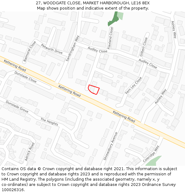 27, WOODGATE CLOSE, MARKET HARBOROUGH, LE16 8EX: Location map and indicative extent of plot