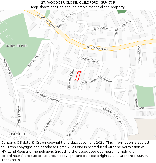 27, WOODGER CLOSE, GUILDFORD, GU4 7XR: Location map and indicative extent of plot